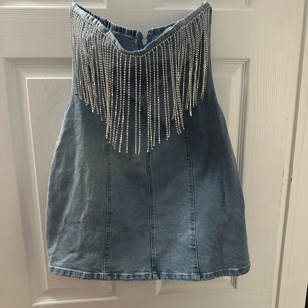 12th Tribe Blue Strapless Dress with Silver Fringe
